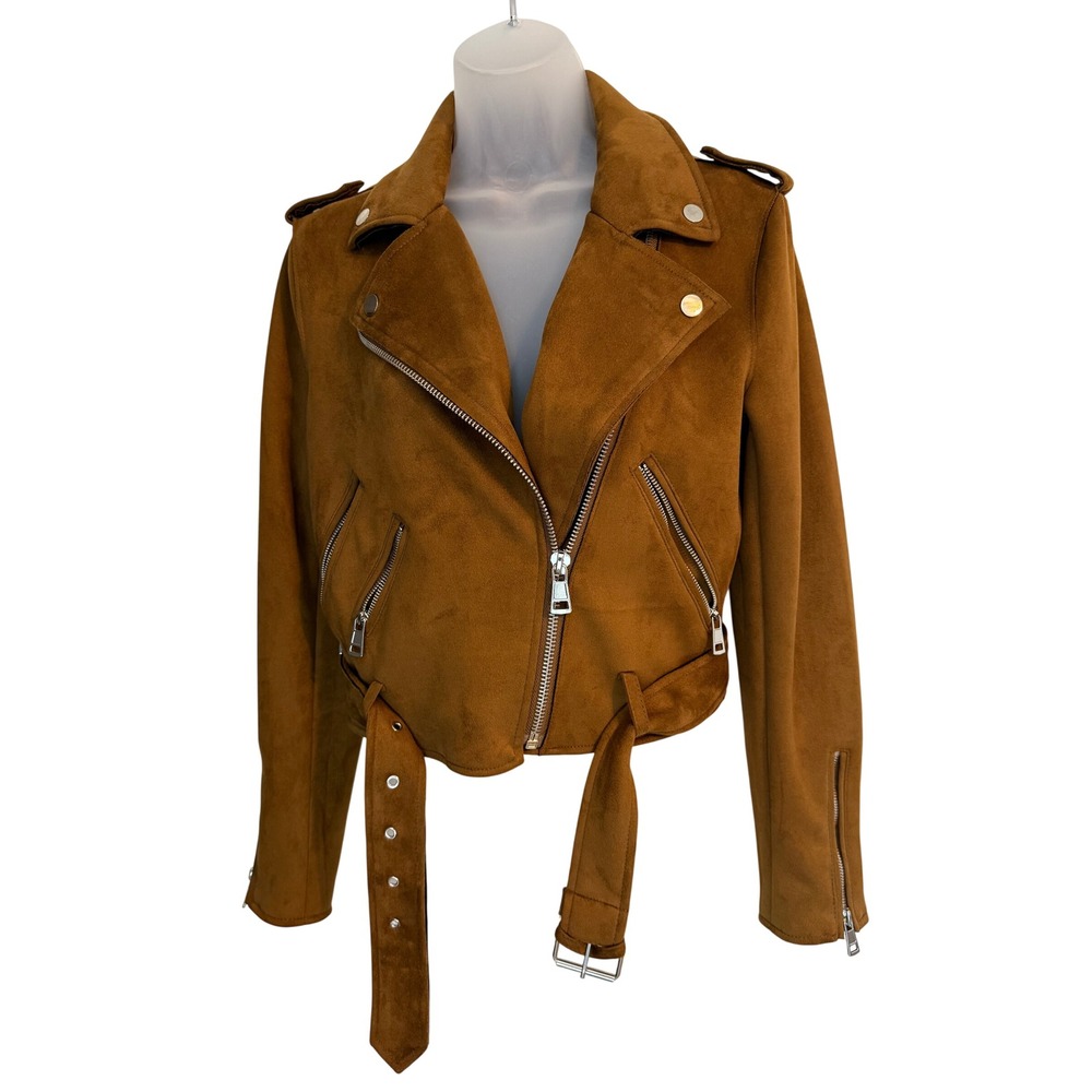 Y2K Forever 21 Faux Suede Belted Moto Biker Jacket Brown Womens Size Small